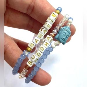 Blue yoga Buddha set 3 bracelet namaste stone gift religious yogi stack zen